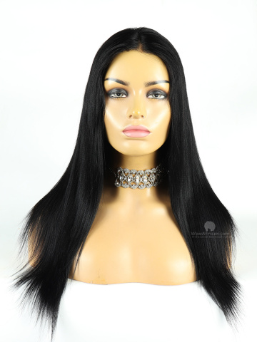 Pre-Cut Lace 16inches #1Jet Black 130% Density Lace Fronnt Wig Light Yaki Indian Virgin Hair [FS87]