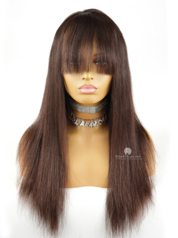 18in 130% Density Silk Straight Natural Color Brazilian Virgin Hair Cap7 Lace Front Wig With Bangs [FS218]