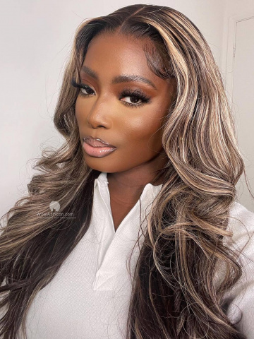 13X6in Blonde Highlighted Honey Brown Wavy HD Lace Human Virgin Wig [Kelly]