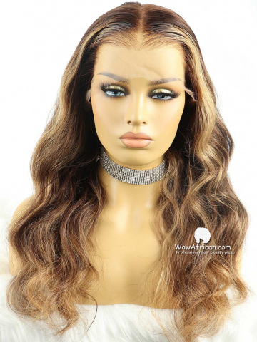 [Flash Sale] 20inch Mix Blonde Brown Color Wavy 6in lace front Indian Virgin HD Lace Wig [FS09-7]